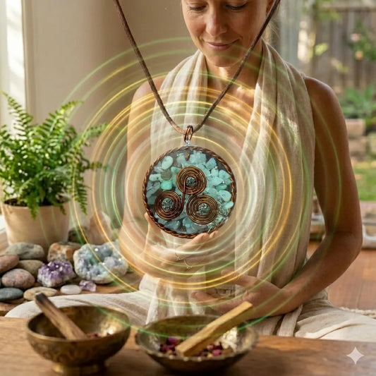 Dije De Resina Con Cobre Y Cuarzo. Trisquel Jadeita