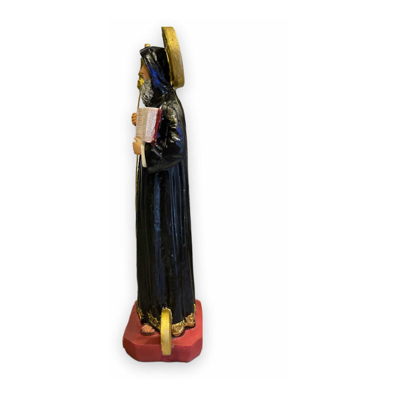 Handbemalte Skulptur des Heiligen Benedikt aus Kunstharz, 21 x 8,5 x 5 cm.