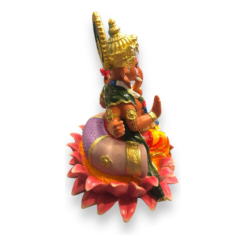 Ganesh Lotus Flower Figure In National Resin 19 Cm Painted