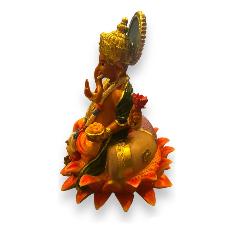 Ganesh Lotus Flower Figure In National Resin 19 Cm Painted
