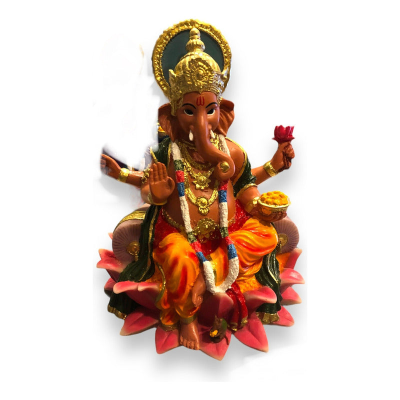 Ganesh Lotus Flower Figure In National Resin 19 Cm Painted