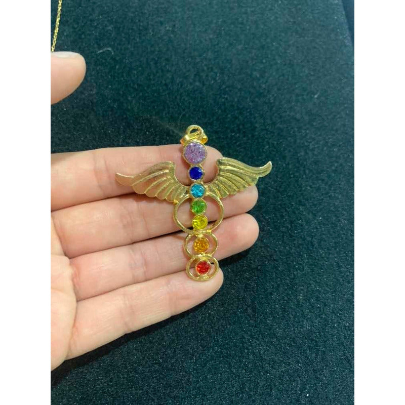 7 Chakras Wings Pendant with Gold-Plated Crystal
