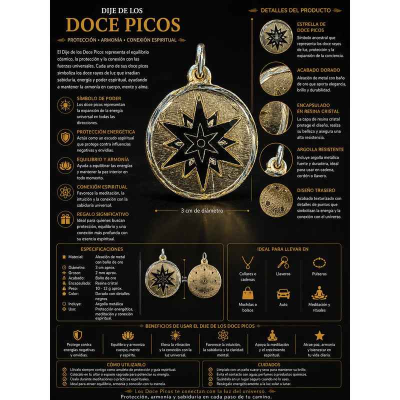 Dije Medalla Estrella 12 Puntas Amuleto Oro 12 Picos 30mm Azul