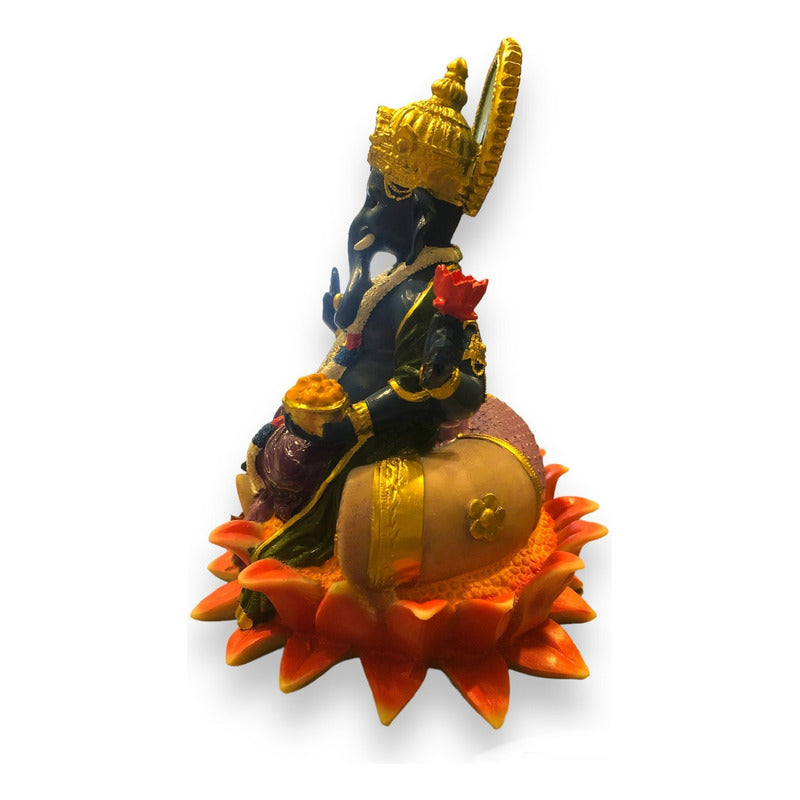Ganesh Lotus Flower Figure In National Resin 19 Cm Painted