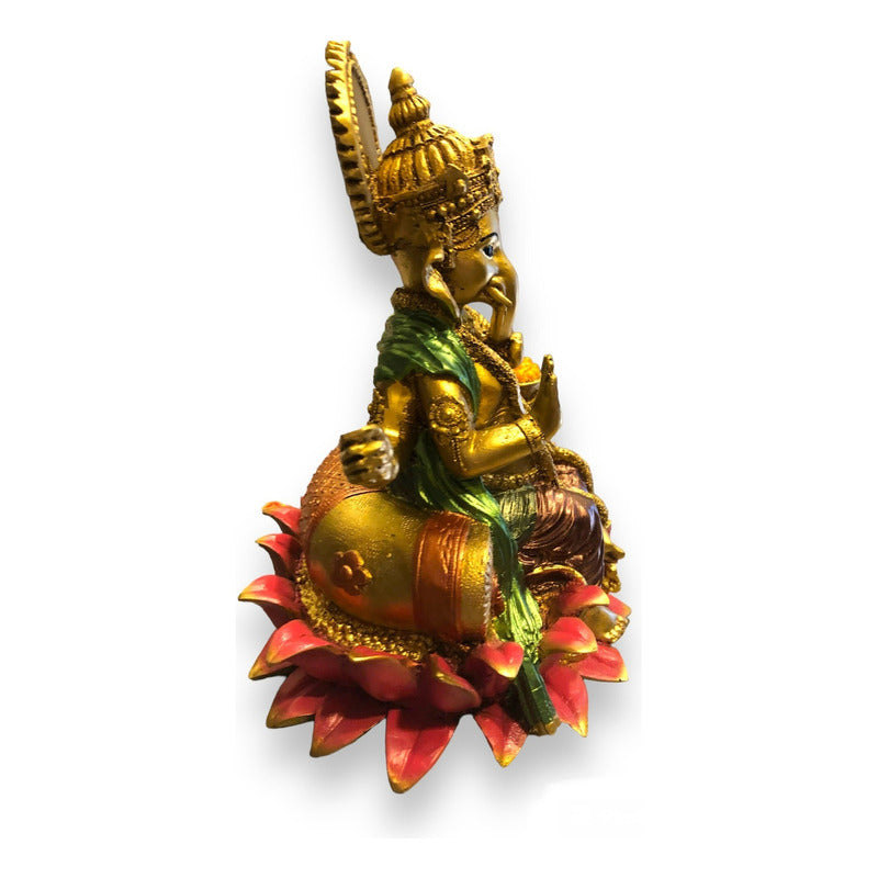 Ganesh Lotus Flower Figure In National Resin 19 Cm Painted