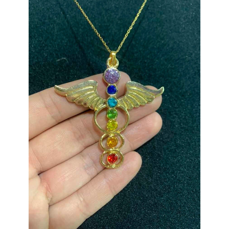 7 Chakras Wings Pendant with Gold-Plated Crystal