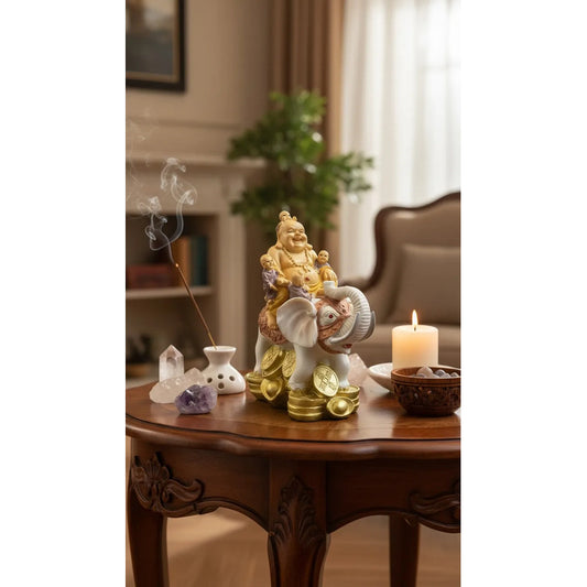 Buda Sonriente Con Elefante Y Monedas 15 Cm Blanco