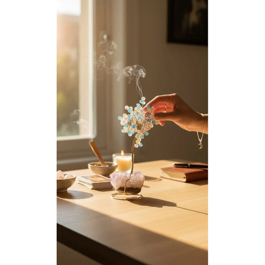 Arbol De La Vida En Cristal Con Base De Cuarzo, 14 Cm Altura Azul-amarillo-rosa by HEREJE