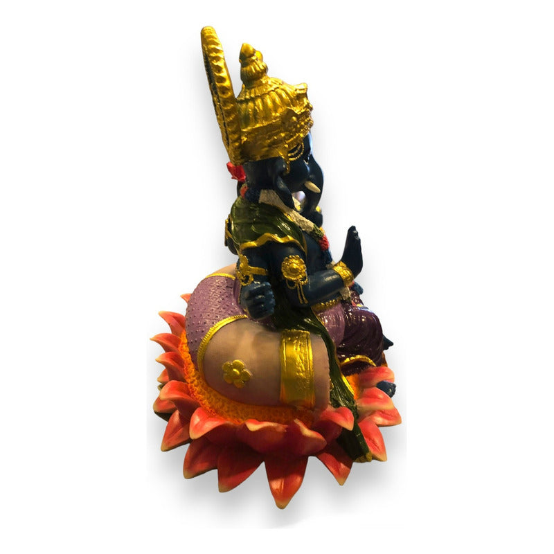 Ganesh Lotus Flower Figure In National Resin 19 Cm Painted