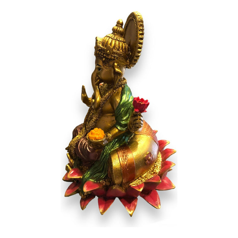 Ganesh Lotus Flower Figure In National Resin 19 Cm Painted