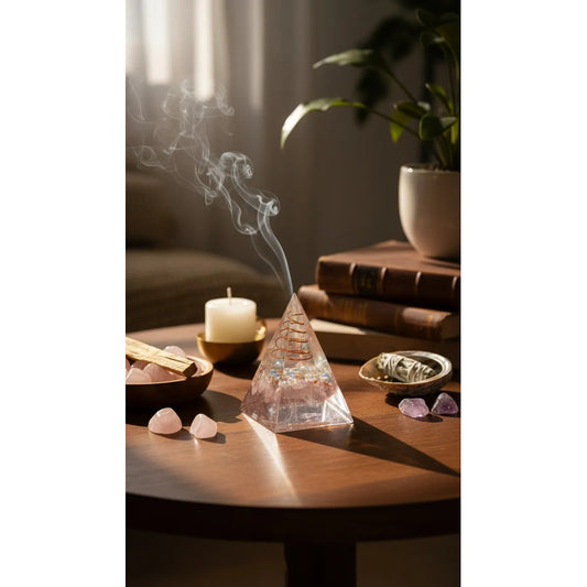 Pirámide De Orgonita 7cm Con Cuarzo Rosa Y Cobre Rosa Claro