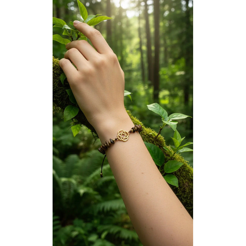 Pulsera De Cuarzo Separaciones De Metal En Hilo Ajustable Circulo Ojo De Tigre 17 Cm