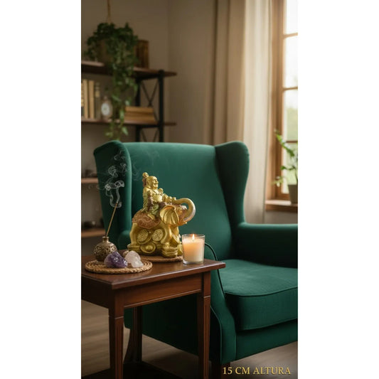 Buda Sonriente Con Elefante Y Monedas 15 Cm Dorado