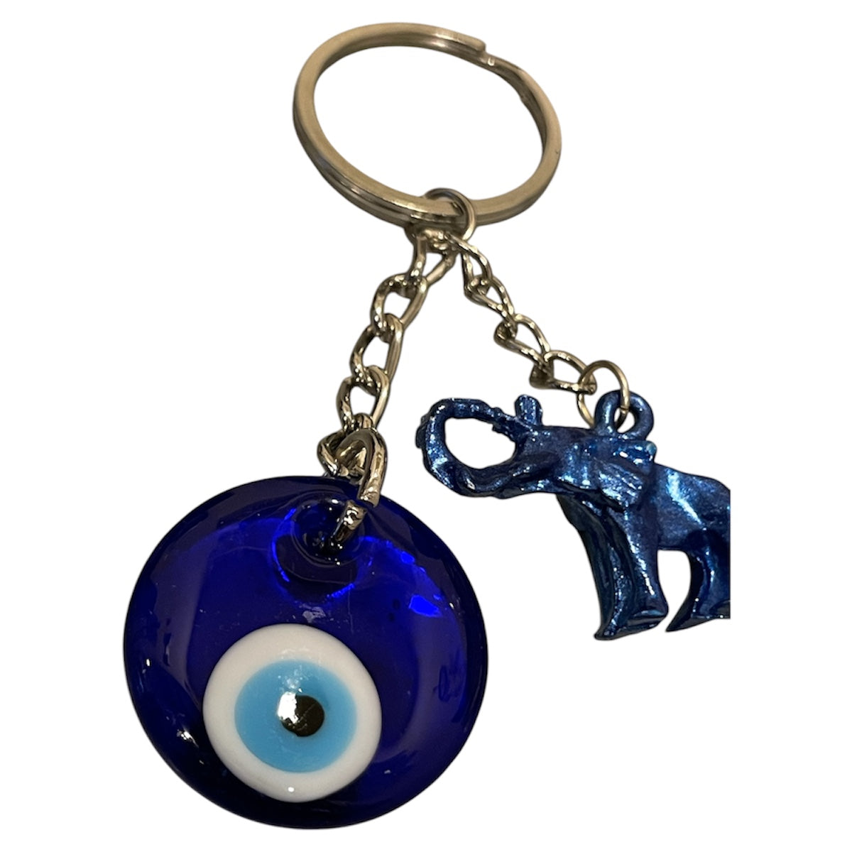 blue elephant keychain with evil eye