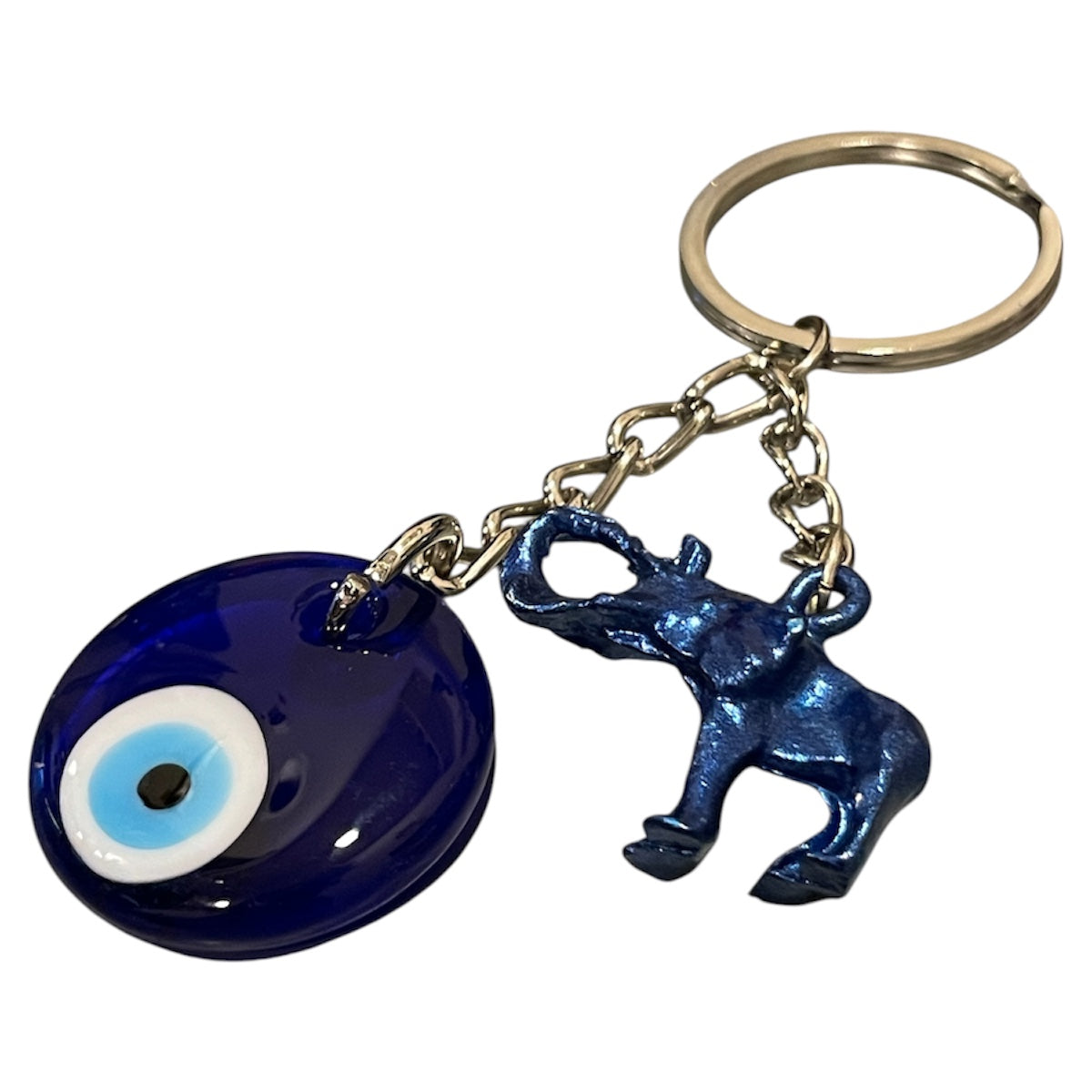 blue elephant keychain with evil eye