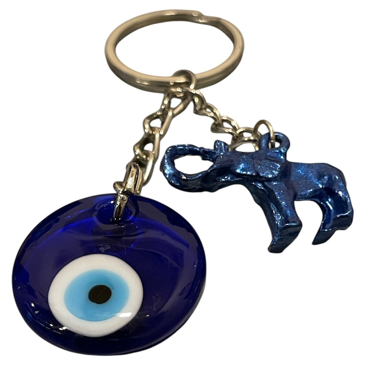 blue elephant keychain with evil eye