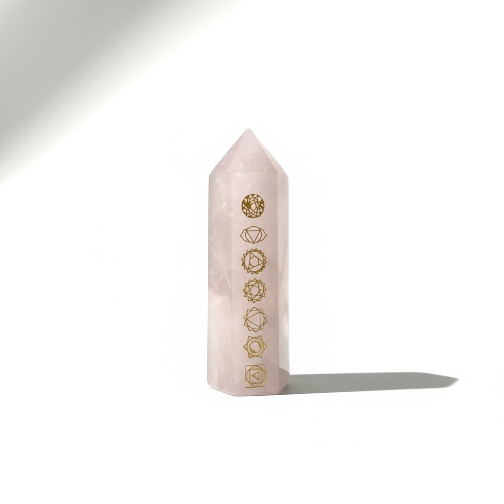 Obelisco De Cuarzo Rosa Con Los Chakras Grabados