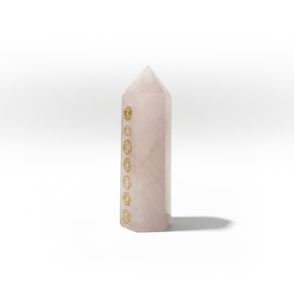 Obelisco De Cuarzo Rosa Con Los Chakras Grabados
