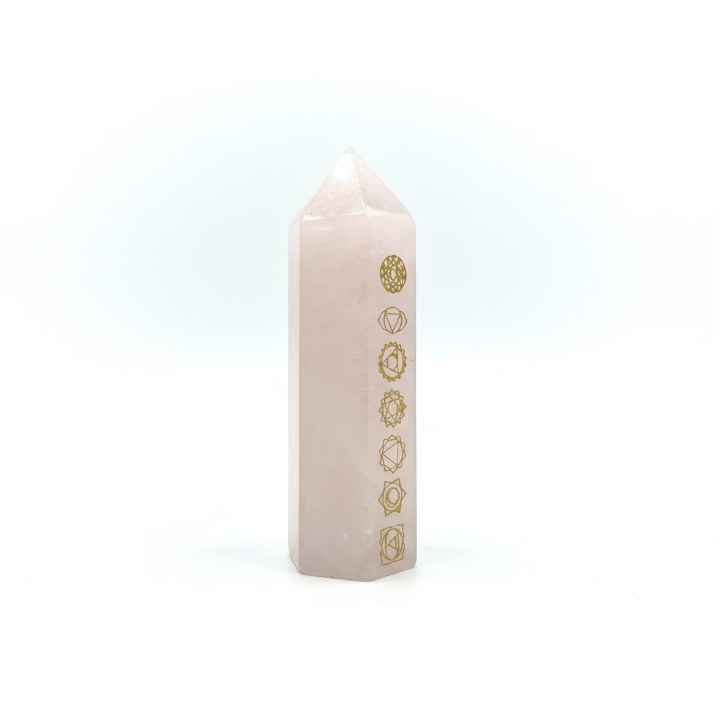 Obelisco De Cuarzo Rosa Con Los Chakras Grabados