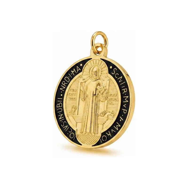 Medalla Dije San Benito Dorada Con Esmalte Negro 3 Cm Negro
