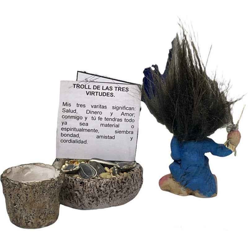 Troll Mini + Comedero + Semillas + Tarjeta Varios Modelos Tres Virtudes 5cm