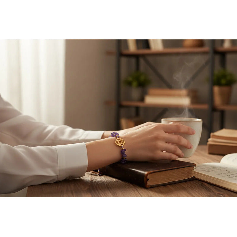 Pulsera De Cuarzo Separaciones De Metal En Hilo Ajustable Circulo Amatista 17 Cm