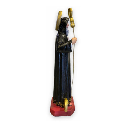 Handbemalte Skulptur des Heiligen Benedikt aus Kunstharz, 21 x 8,5 x 5 cm.