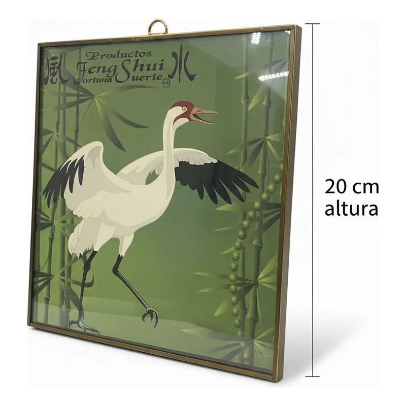 Cuadro Decorativo Feng Shui Grulla Bambú Suerte 20x20cm Dorado/verde