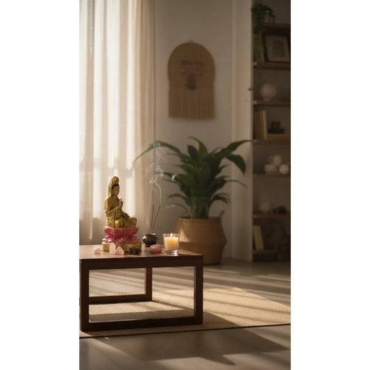 Figura Estatua Guan Yin Diosa Misericordia Loto Resina 15cm Dorado