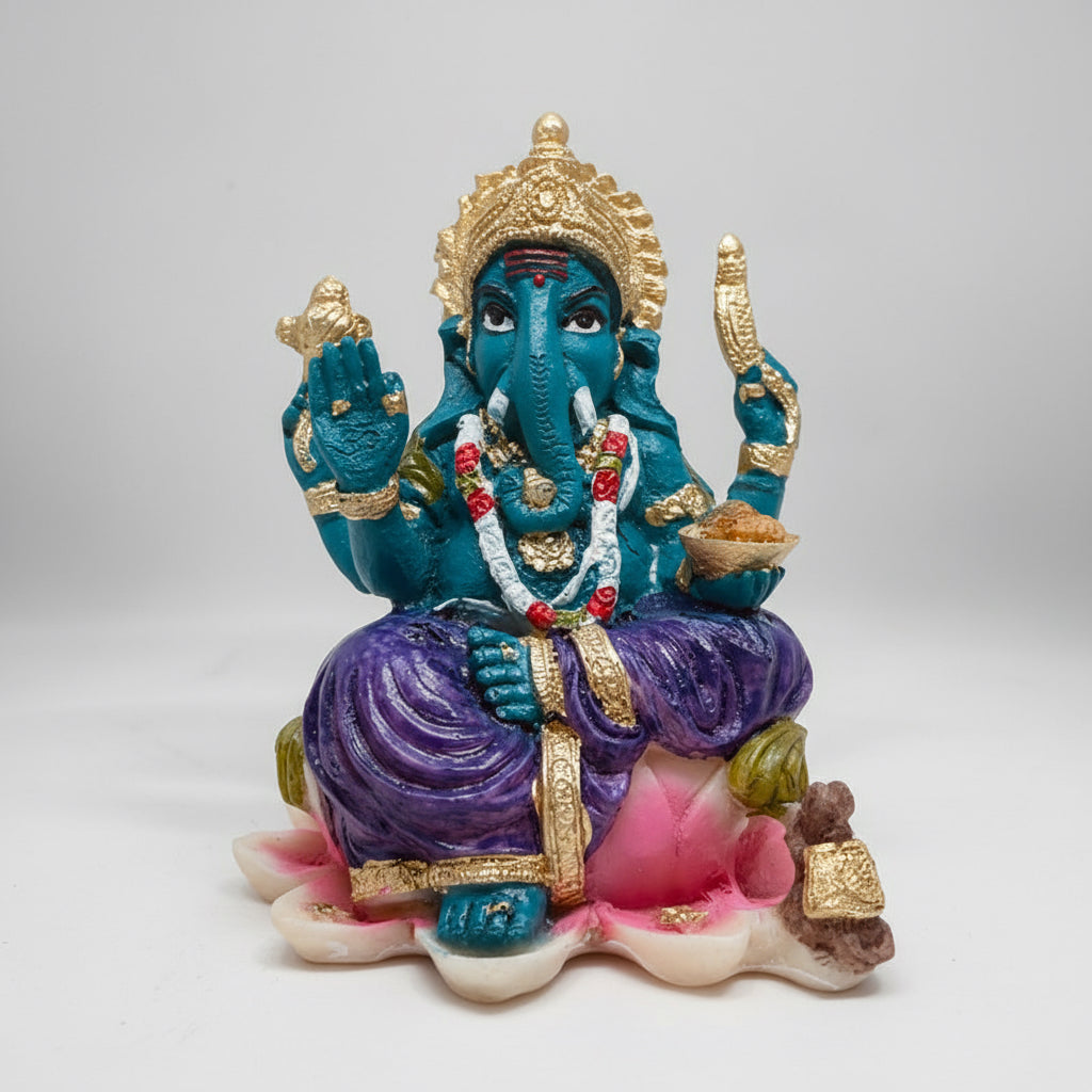 Ganesh Flor De Loto Figura En Resina Nacional