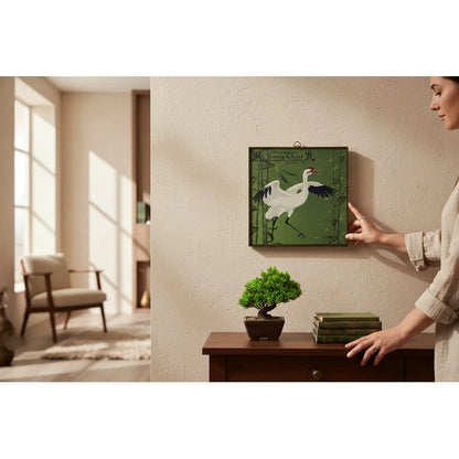 Cuadro Decorativo Feng Shui Grulla Bambú Suerte 20x20cm Dorado/verde