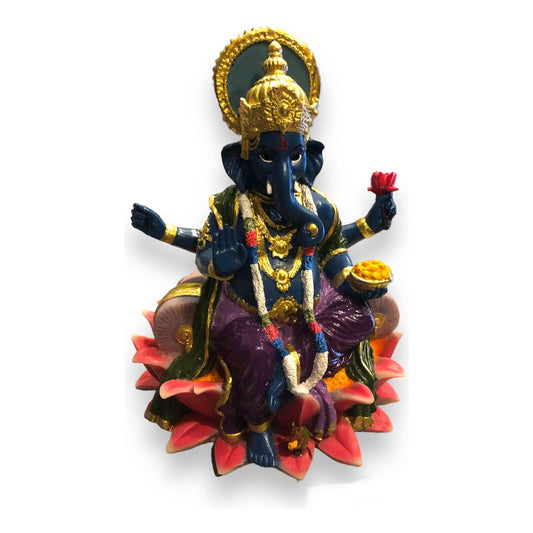 Ganesh Lotus Flower Figure In National Resin 19 Cm Painted