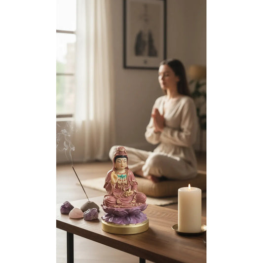 Figura Estatua Guan Yin Diosa Misericordia Loto Resina 15cm Rosa Pálido