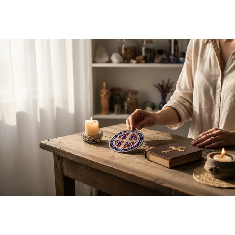 Medalla San Benito 13 Cm Altura Rojo O Azul 12 Cm Diametro Azul