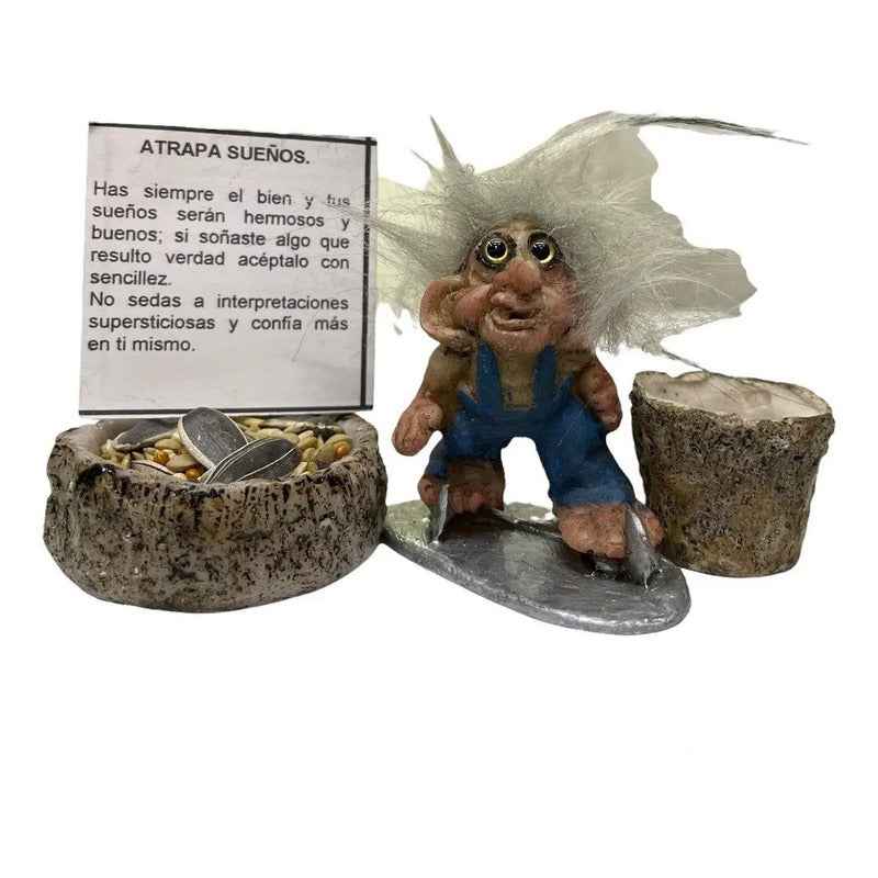 Troll Mini + Comedero + Semillas + Tarjeta Varios Modelos Atrapasueños 5.5cm