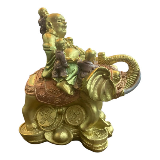 Buda Sonriente Con Elefante Y Monedas 15 Cm Dorado