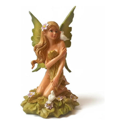 Figura Decorativa Hada Mágica Con Palomas De Resina 12 Cm Verde Oscuro