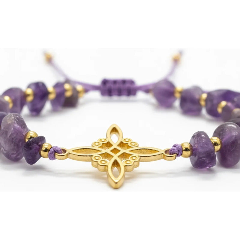 Pulsera De Cuarzo Separaciones De Metal En Hilo Ajustable Nudo Amatista 17 Cm