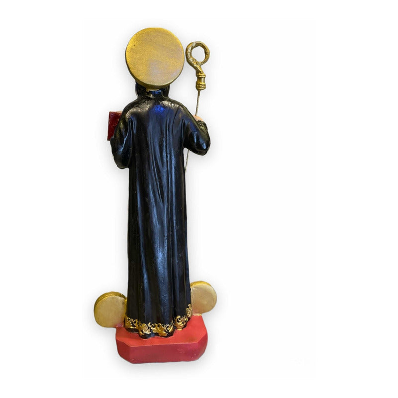 Handbemalte Skulptur des Heiligen Benedikt aus Kunstharz, 21 x 8,5 x 5 cm.