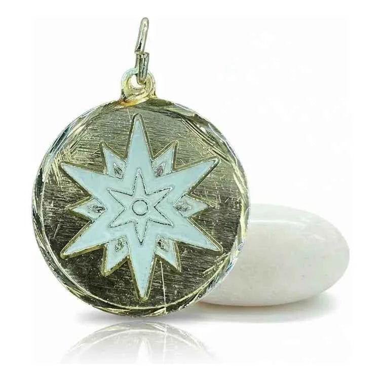 Dije Medalla Estrella 12 Puntas Amuleto Oro 12 Picos 30mm Blanco