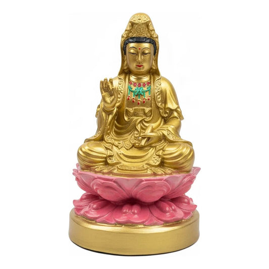 Figura Estatua Guan Yin Diosa Misericordia Loto Resina 15cm Dorado