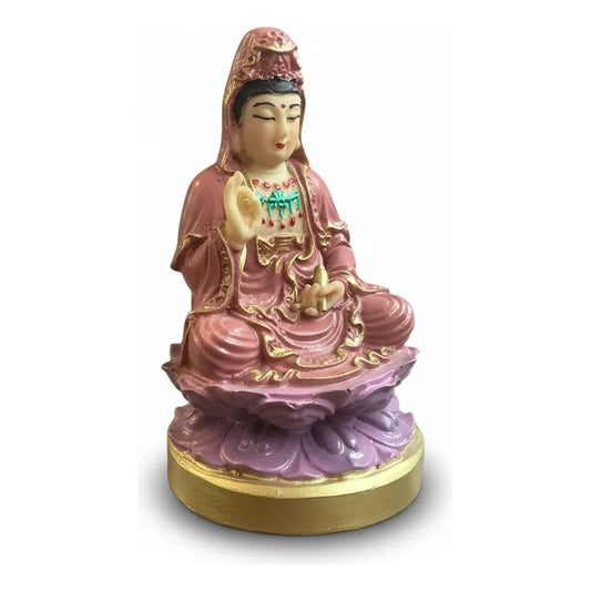 Figura Estatua Guan Yin Diosa Misericordia Loto Resina 15cm Rosa Pálido