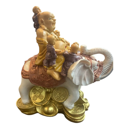 Buda Sonriente Con Elefante Y Monedas 15 Cm Blanco