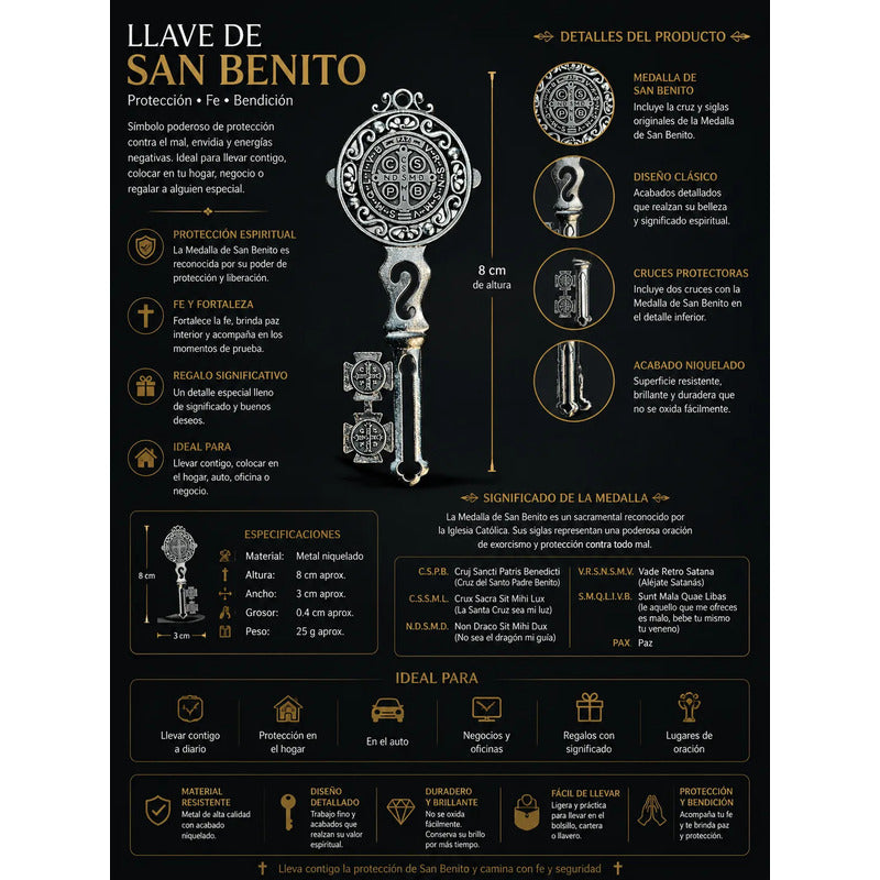 Llave Medalla San Benito 8 Cm Protección Metal Plateado by HEREJE