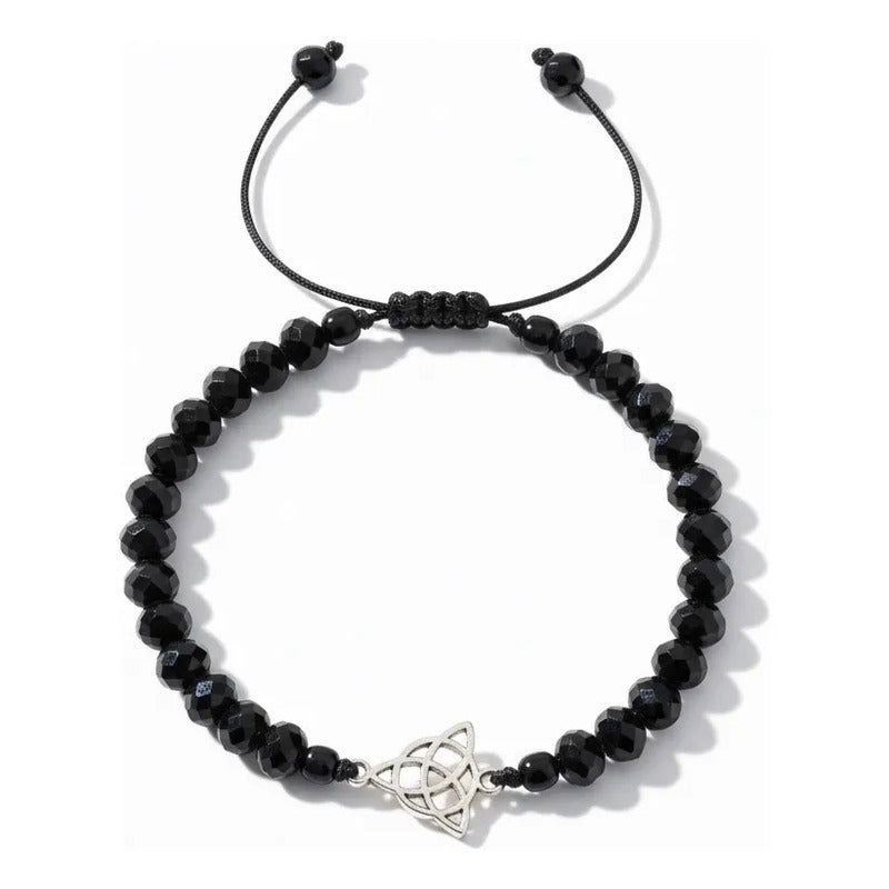 Triqueta Pulsera Hilo Con Cristal Ajustable Negro 10 Cm