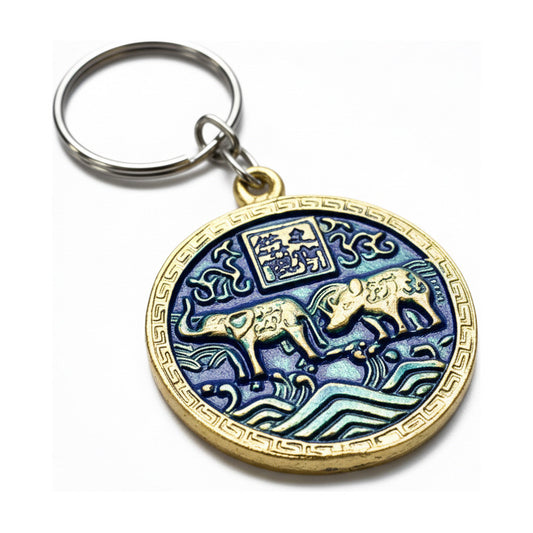 Llavero Feng Shui Elefante Y Rinoceronte Metal Hereje Azul