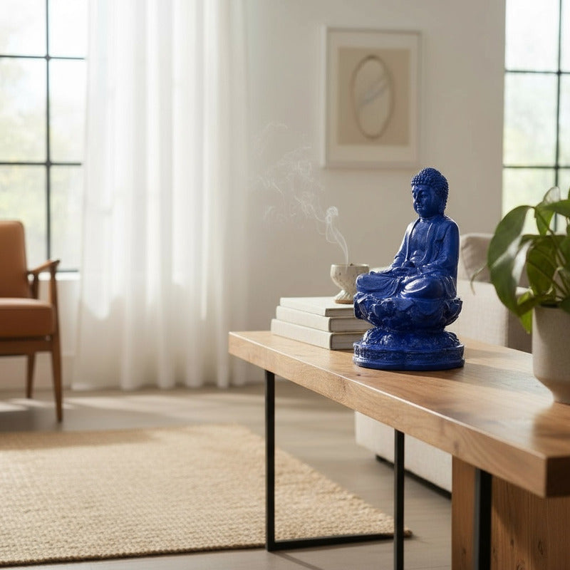 Buda Azul 10cm Figura De Resina.