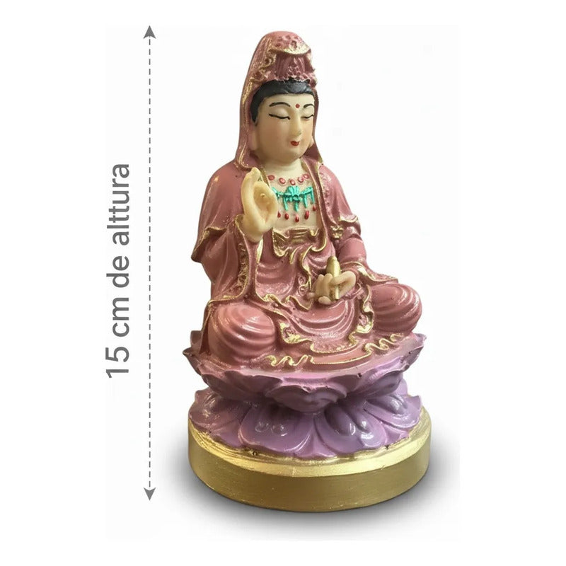 Figura Estatua Guan Yin Diosa Misericordia Loto Resina 15cm Rosa Pálido by HEREJE