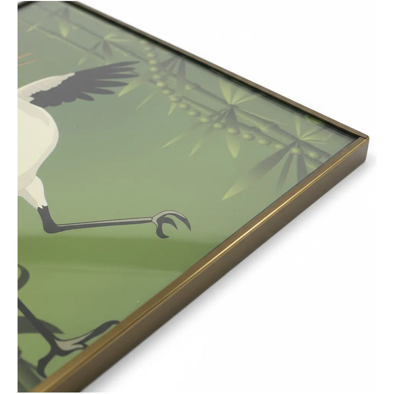 Cuadro Decorativo Feng Shui Grulla Bambú Suerte 20x20cm Dorado/verde