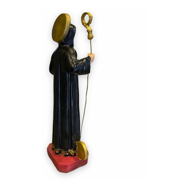 Handbemalte Skulptur des Heiligen Benedikt aus Kunstharz, 21 x 8,5 x 5 cm.